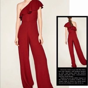 Zara One Shoulder Red Ruffle Jumpsuit